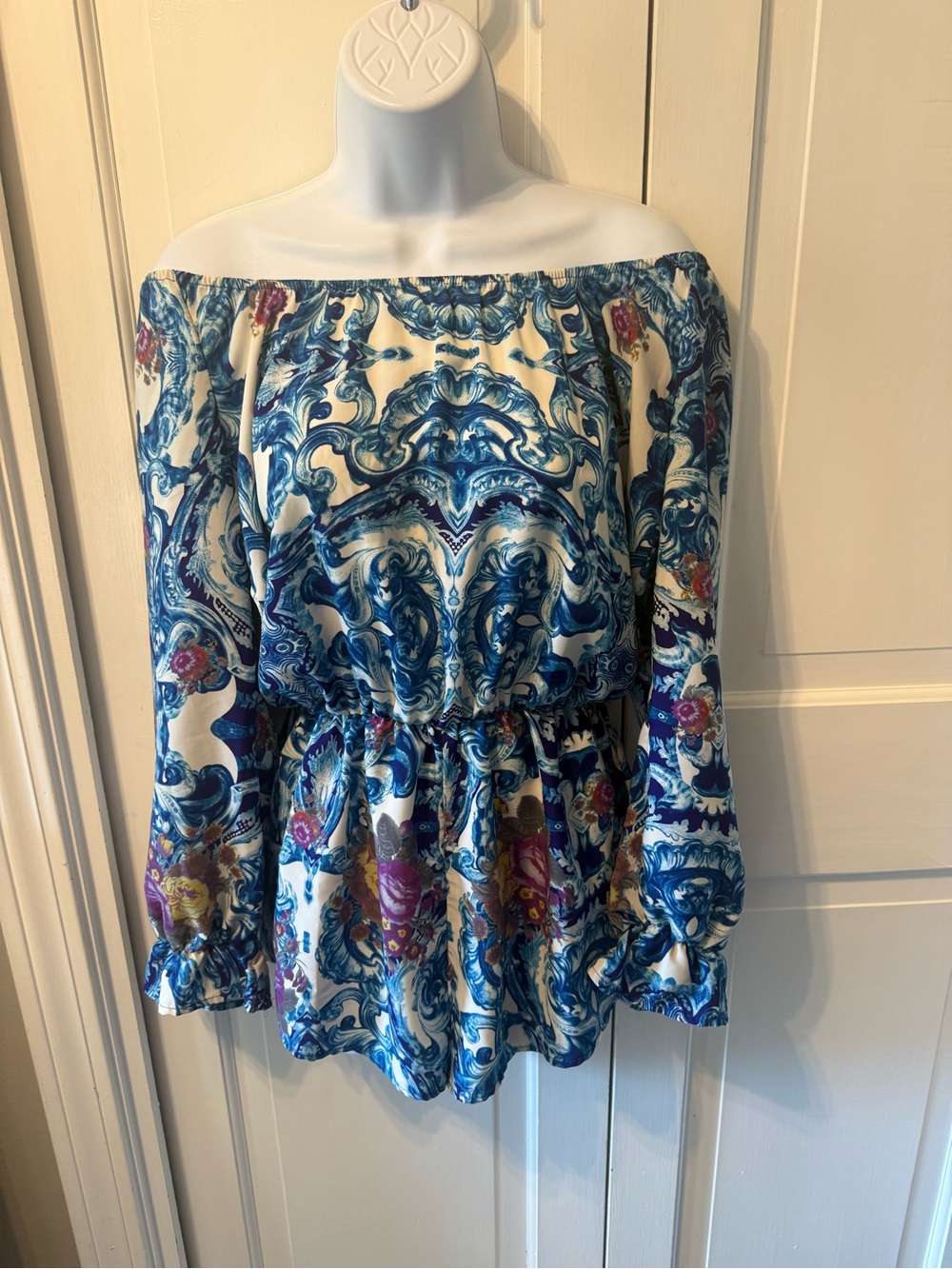A. gain NWOT Blue Floral Off-Shoulder Romper with Elastic Waist - Picture 2 of 3